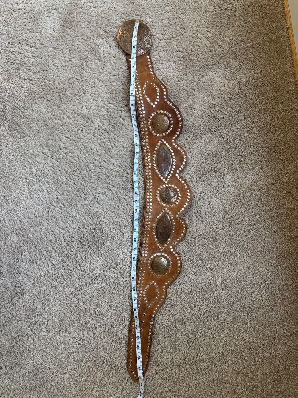 Vintage Wide Tooled Leather Scalloped Belt Oversized Buckle Boho Western Waist - Picture 15 of 16